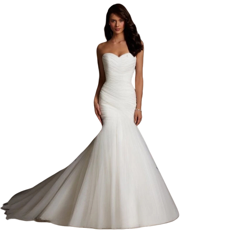Strapless Pleats Mermaid Wedding Dresses Sweetheart Neckline Lace-Up Corset Long Tulle Bridal Gown Sleeveless Simple Elegant Bride Dress