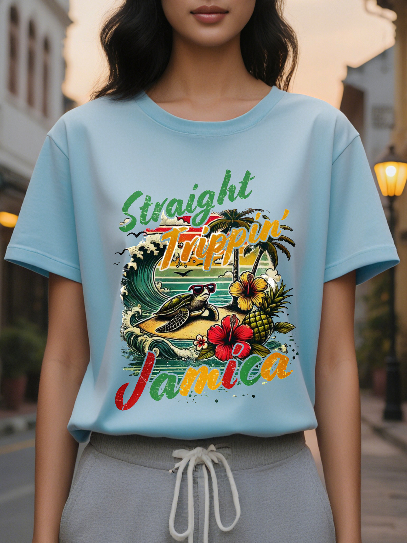 Women s elegant summer T-shirt, white short sleeve, round neck top with vibrant tropical print, Straight Tip Jamaica