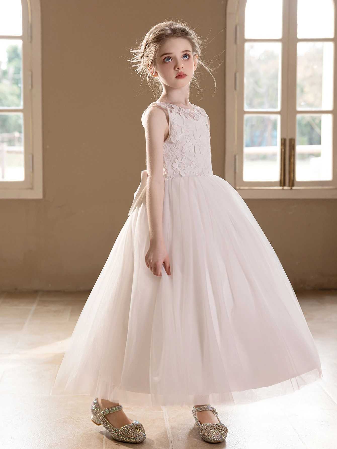 10 Girls White Wedding Gauze Dress Lace Embroidery Big Bow Evening Puffy Gauze Bridesmaid Dress Z250904