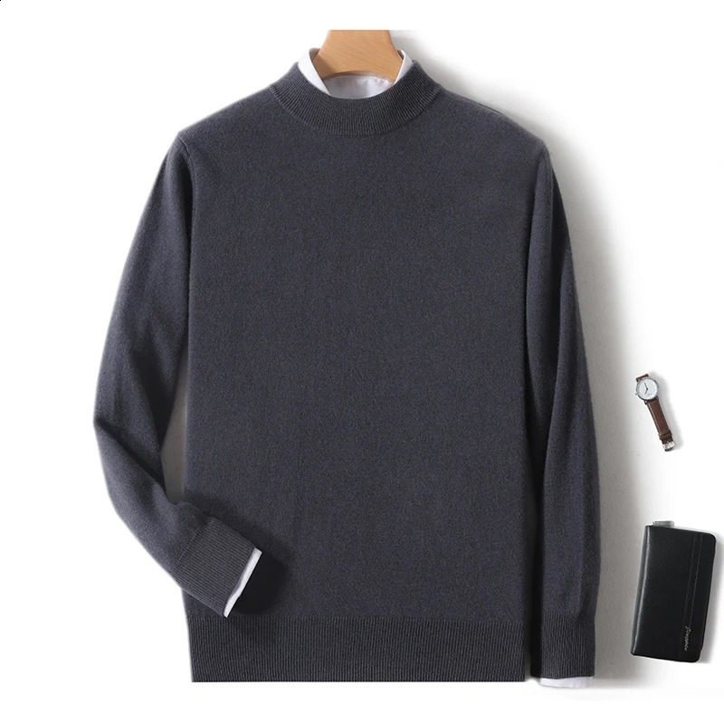 100 Pure Merino Wool Mens Semi High Neck Pullover Solid Color Plus Size Casual Sweater Autumn And Winter Sports Cashmere Top 250904