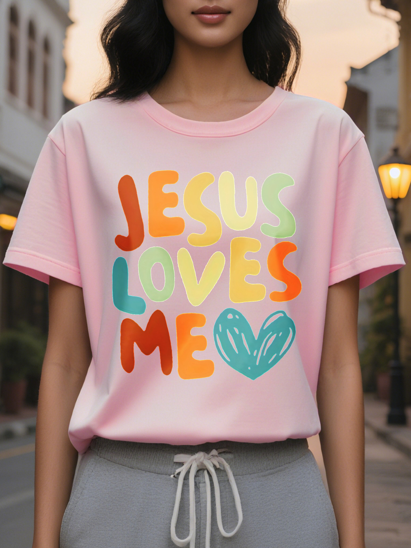 Jesus Love Me Heart Letter Short Sleeve T-Shirt Round Neck Casual Summer Spring Top Women's Clothing