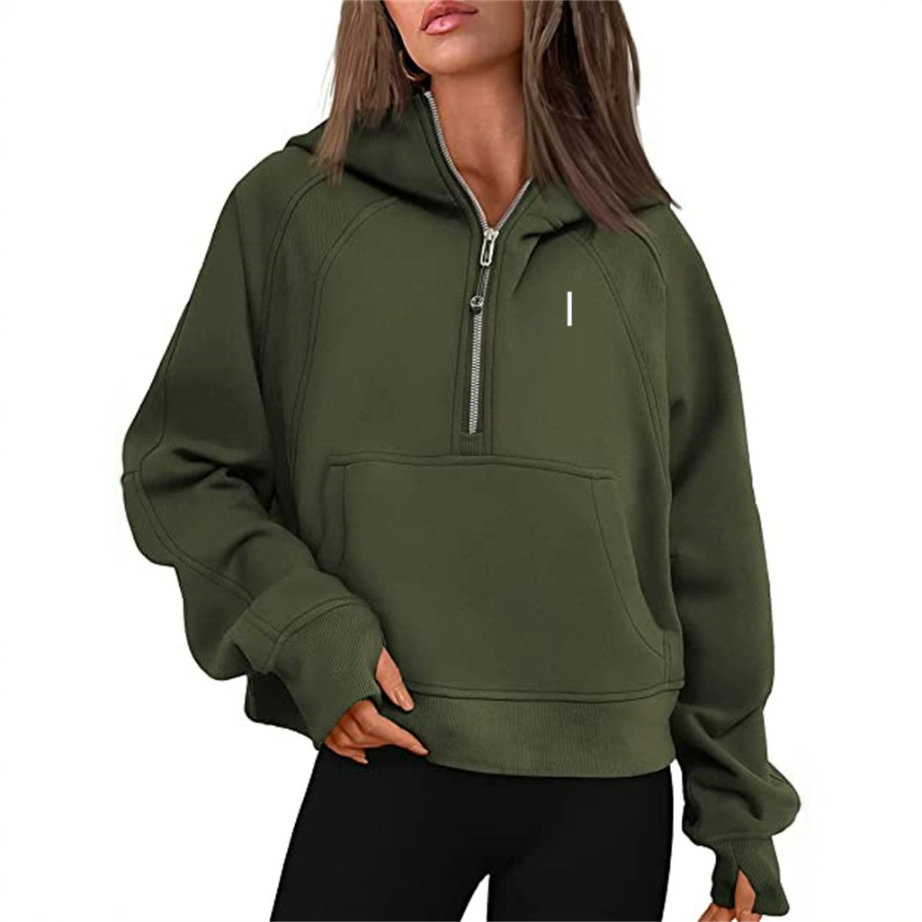 A965 Women Half Zipper Jacket Autumn Hoodies Sweatshirt Yoga Jackets Ladies Sport thick Loose Short Style With Fleece