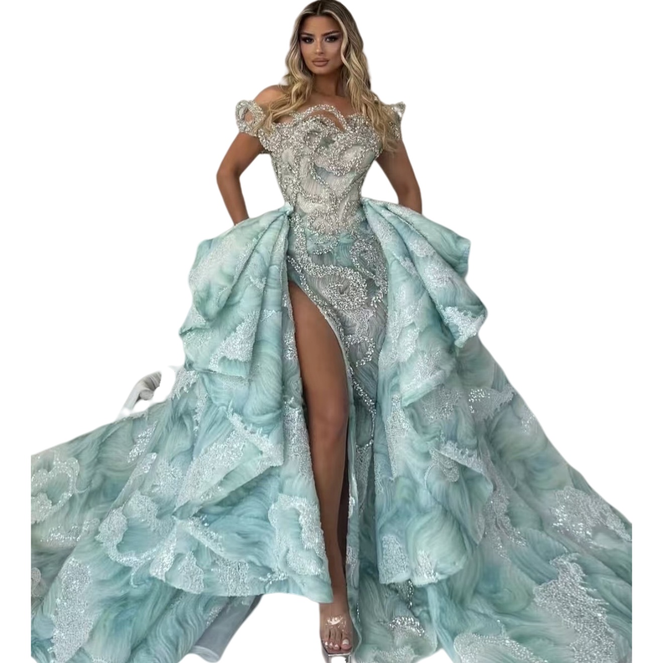 Aso Ebi Sage Mermaid Prom Dress 2025 Printed Crystals Detachable Train Evening Formal Party Birthday Dresses Robe De Sorrie Reception Gowns For Specia