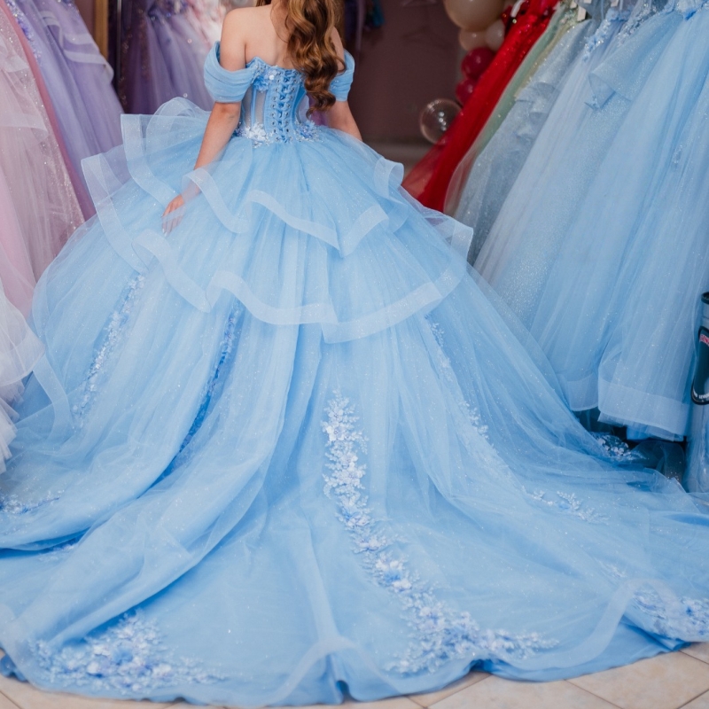 Sky Blue Shiny Princess Off the Shoulder Sweet 16 Dress Quinceanera Dresses Applique Flower Beads Tull Party Birthday Vestidos 15 De Anos