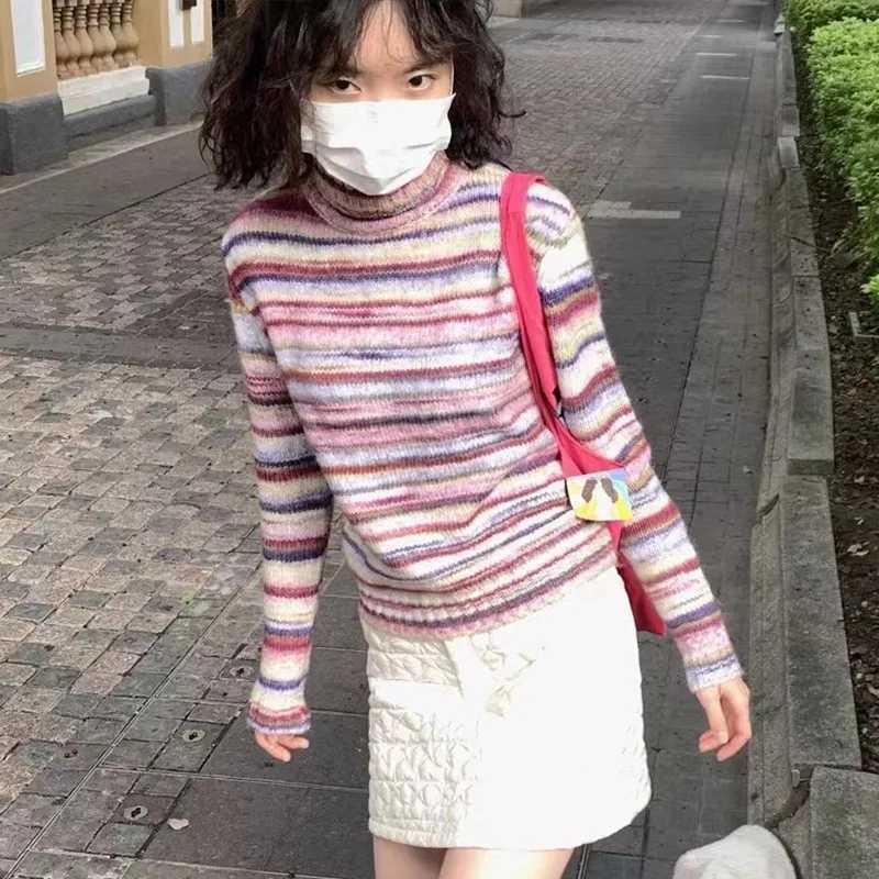 Karrram Japanese Y2k Turtleneck Sweater Vintage Rainbow Striped Pullover Korean Fashion Knitted Jumper Harajuku Grunge Knitwear M250904
