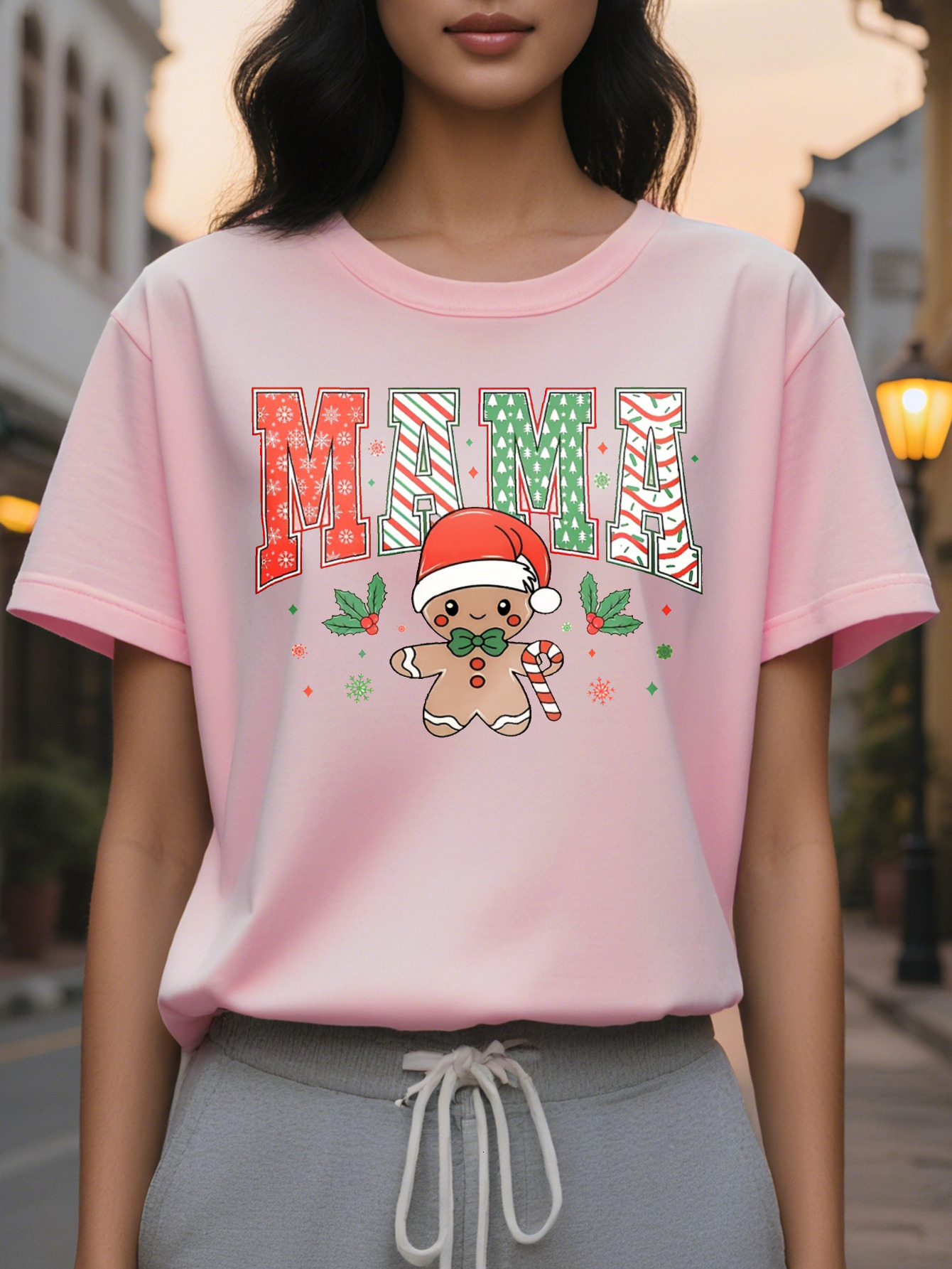 Large XL Women's Christmas Graphic Sweatshirt with Gingerbread Man Mama Lettering Beige Casual Round Neck Pullover Plus Size