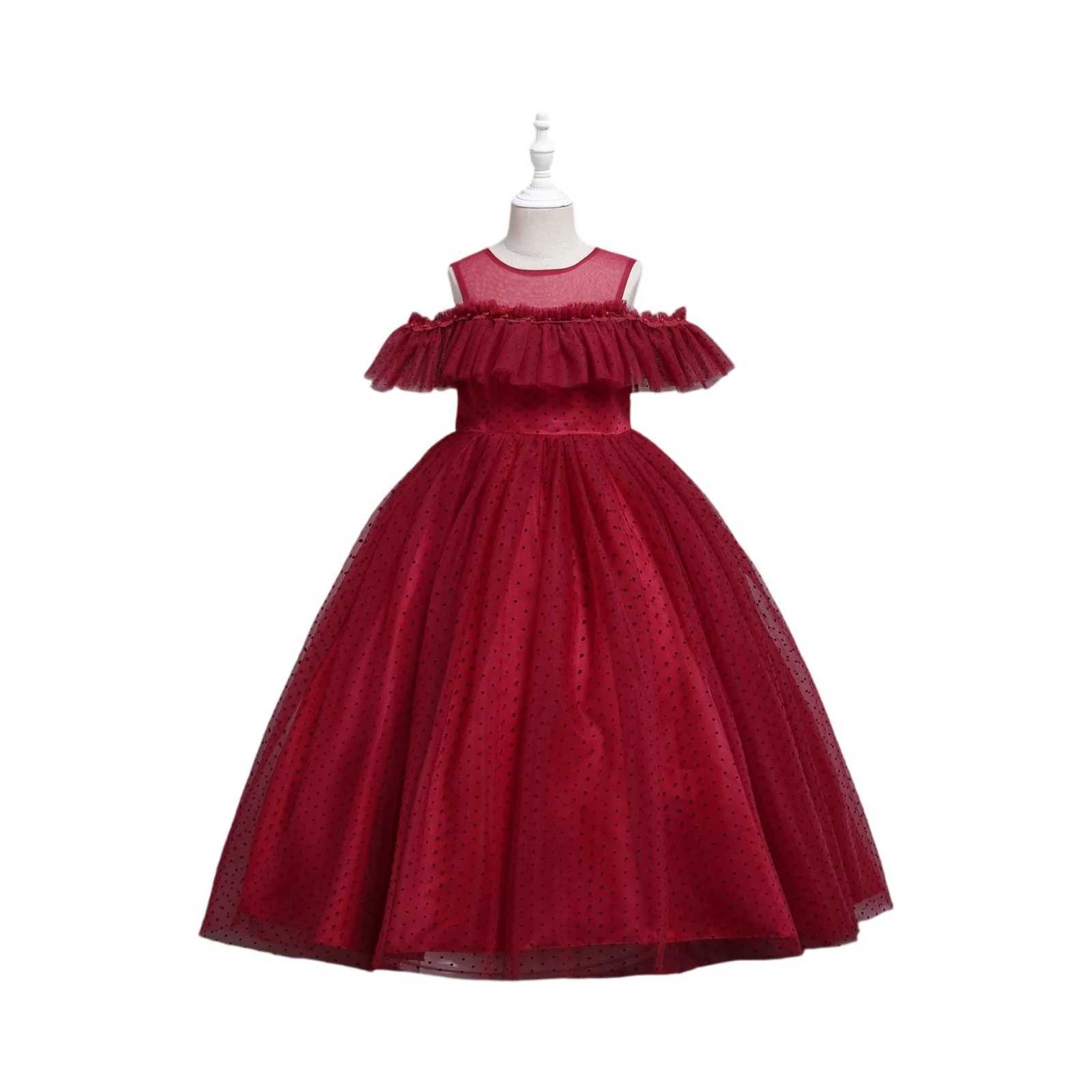 Old Girls Elegant Long Tulle Lace Princess Dresses Teenage Slash Neck Mesh Party Dress Childrens Pink Red Wedding Clothing Z250904