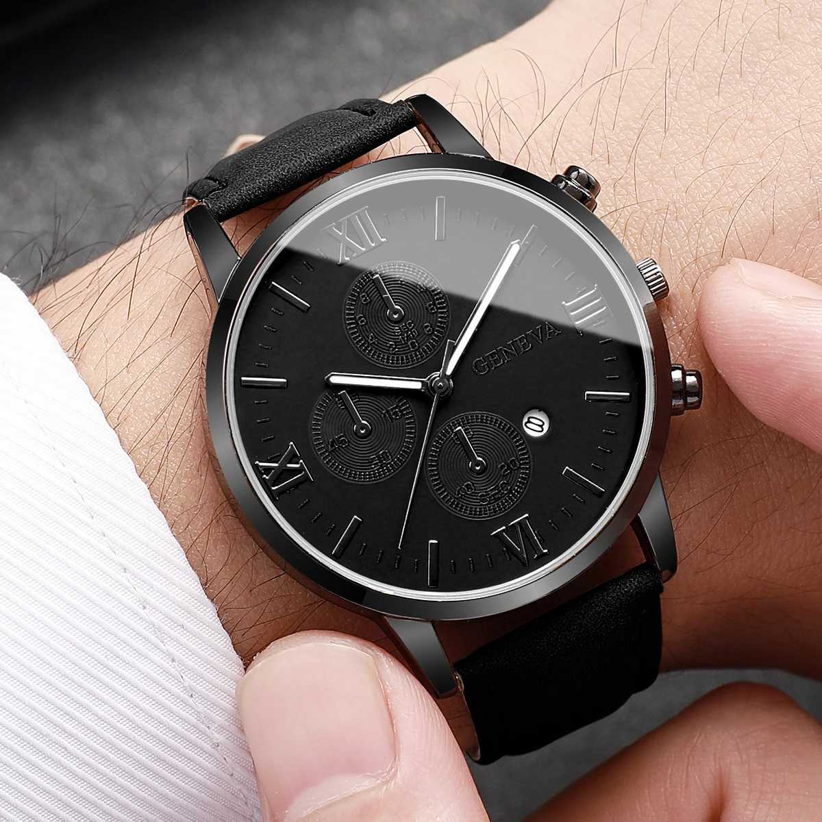 4pcsset Mens Handse Watch Simple Ran Sc Three Eye Dial Mens Cndar Leather Strap Quartz Cbination Watch No Box X250904