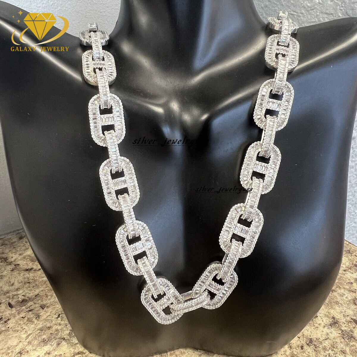 Hip Hop 15mm Large Cuban Necklace 925 Sterling Silver Pig Nose Baguette Moissanite VVS Diamonds Thick Heavy Cuban Necklace