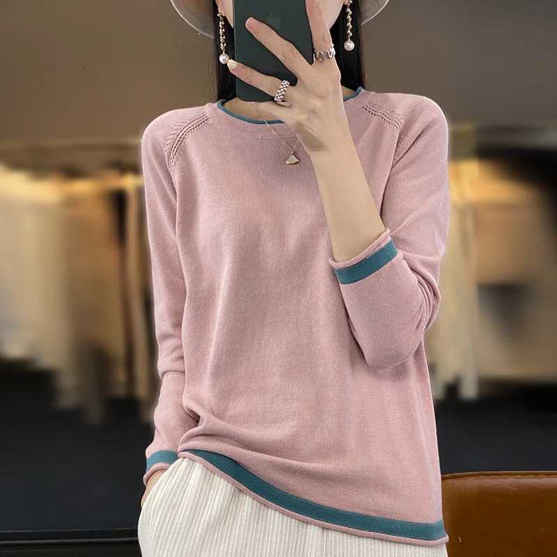 100 Cotton Knitwear Womens Round Neck Sweater Spring And Summer New Loose Color Matching Cotton And Linen Bottoming Shirt M250904