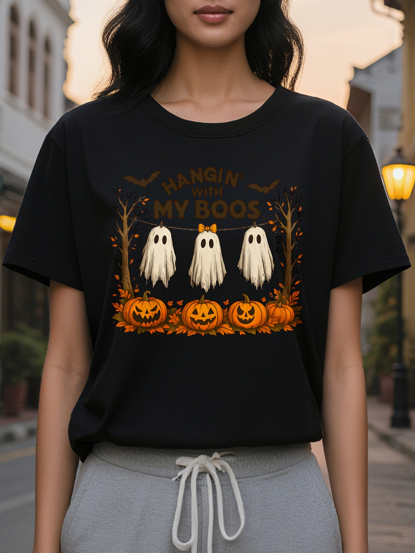 Women s Beige Spooky Ghosts Jack O Lanterns Round Neck Pullover Cozy Fall Parties Casual Attire hine Washable