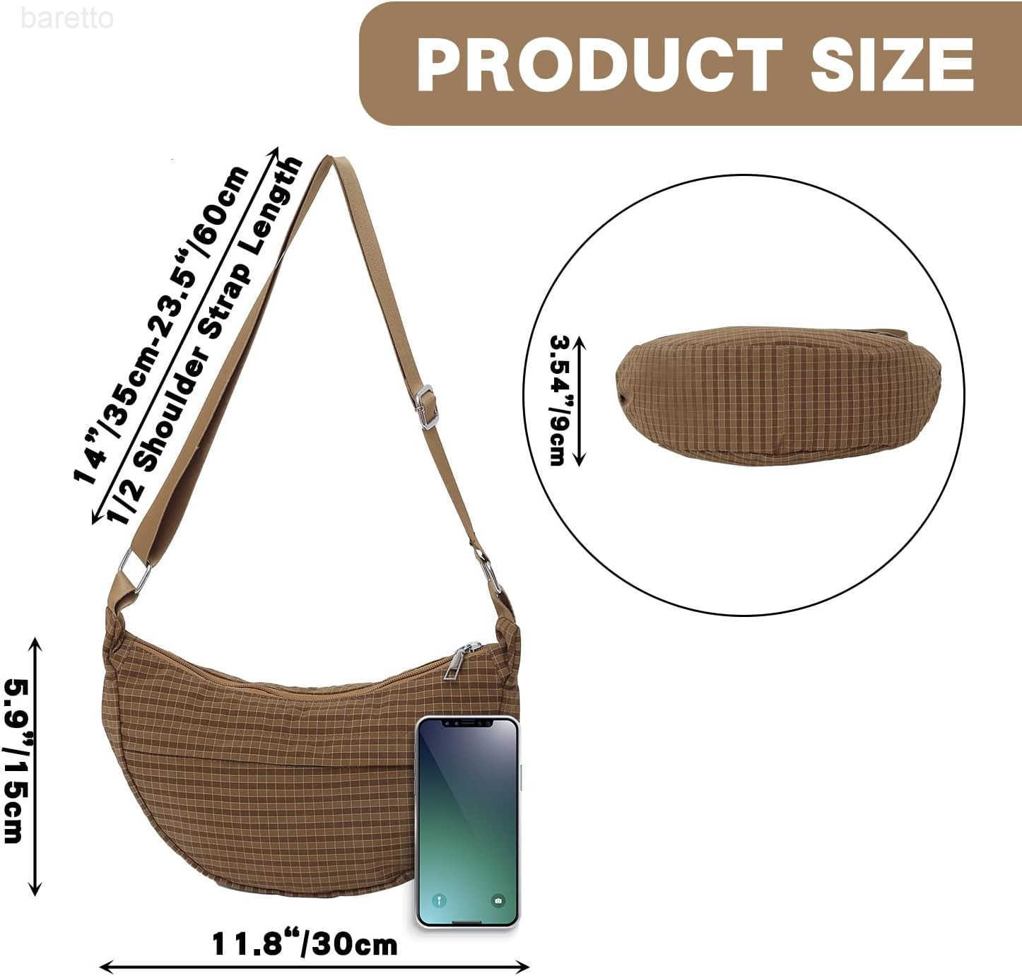 Checkered Nylon Crescent Bag for WomenMoon Bag with Metal Zipper and Card Slots M250903