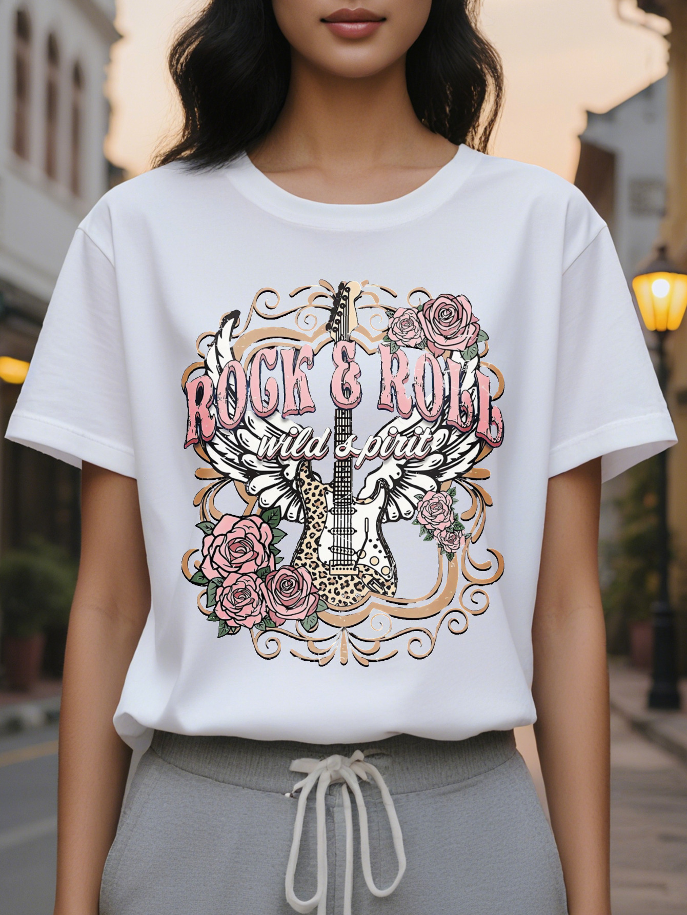 Large XL Rock Roll Print T-Shirt Casual Crew Neck Short Sleeve Top for Spring Summer Women's Clothing Plus Size