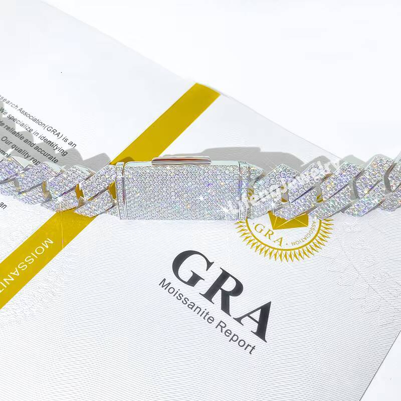 925 Silver Miami Style Hip Hop Necklaces for Men 15mm 3Row White Gold Plated Cuban Link D VVS1 Moissanite Cuban Link Moissanite