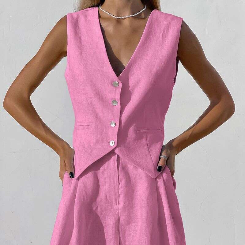 Women's Cotton And Linen Suit Women's Summer Casual Sleeveless Vest Shorts Two-Piece Set