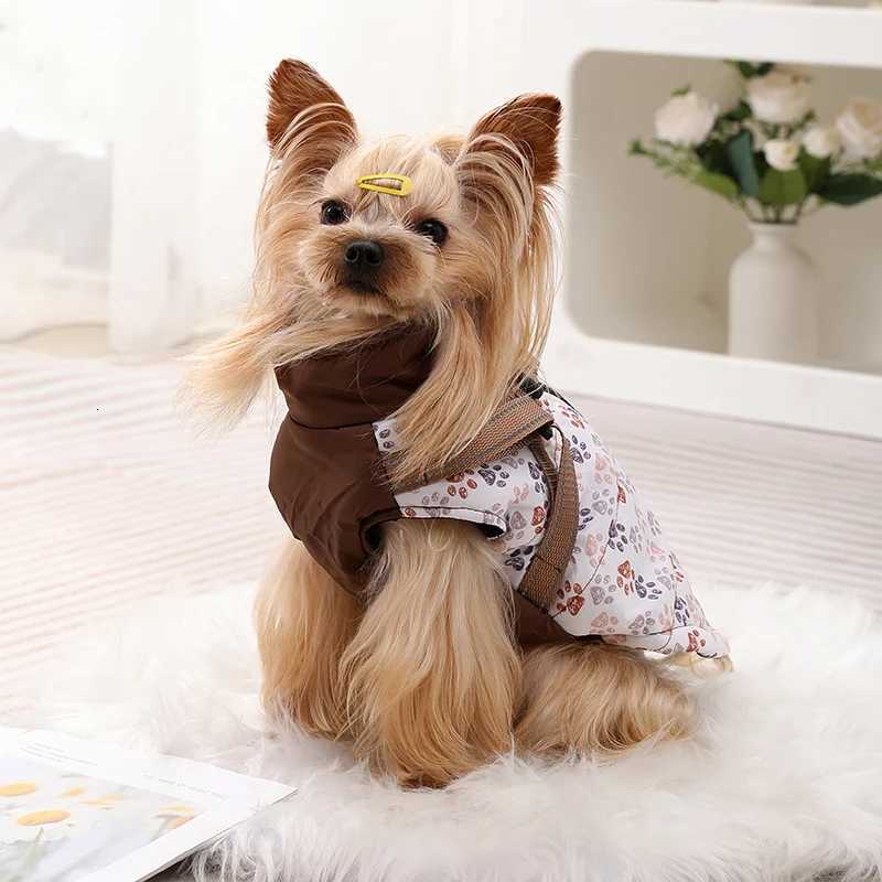 Dog Clothes with Harness for Small Medium Dogs Cats Autumn Winter Warm Reflective Puppy Vest et Paw Printed Pet Coat Outfits W250904