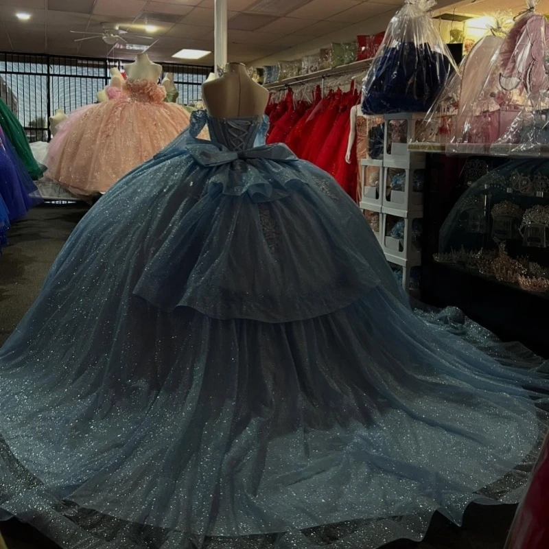 Sky Blue Shiny Quinceanera Dresses Ball Gown Off The Shoulder Applique Beads Bow Tull Sweet 16 Dress Vestidos 15 De Anos