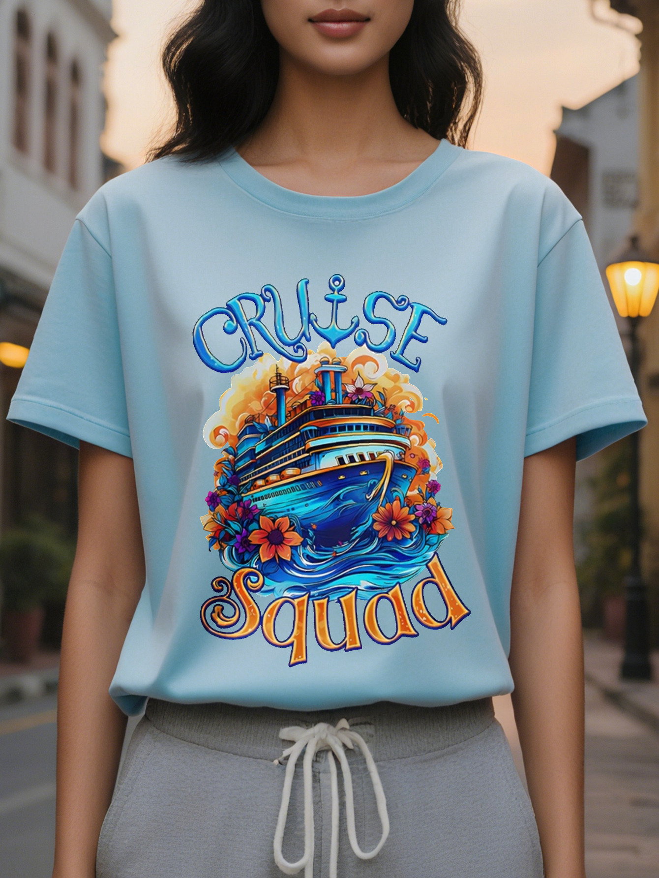 CRUISE American Printed Pattern Spring and Summer New Fashion Round Neck T-shirt Slim Fit Slimming Women's Short Sleeve