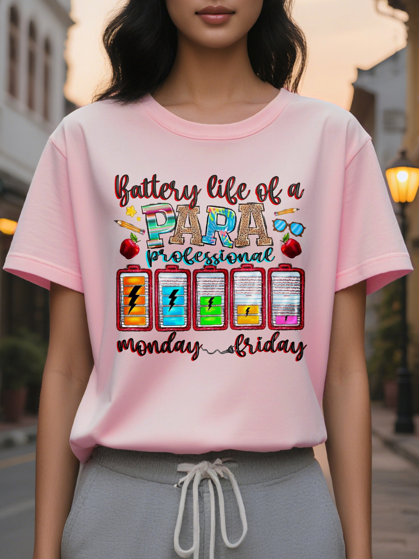 Women's White Semi-Professional Life Pattern Short-Sleeved T-Shirt Funny Battery Icon Letter Design Medium Stretch