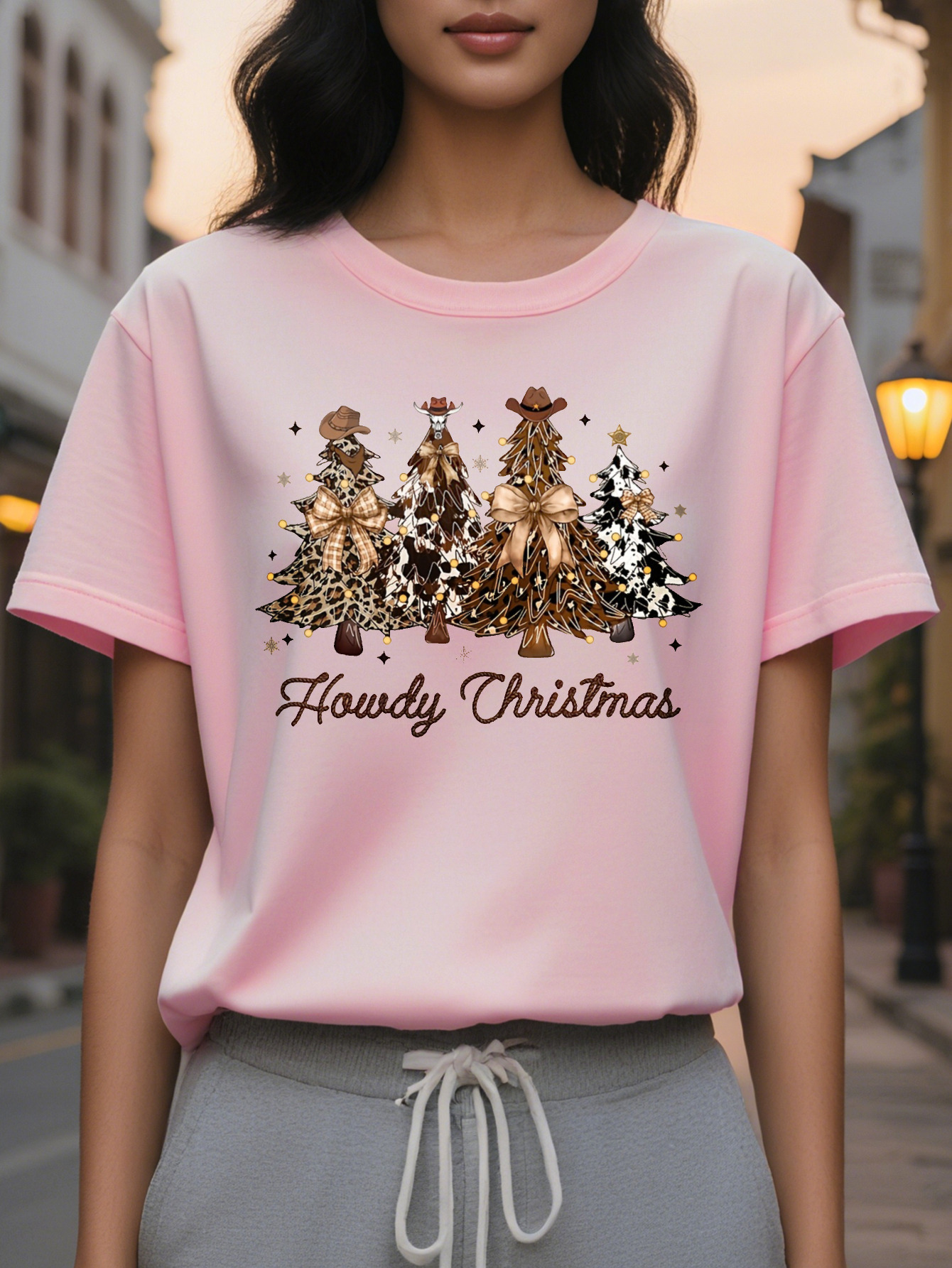Women S Beige Crewneck Pullover with Western Cowboy Tree Design Holiday Sweatshirt for Xmas Parties and Family Gatherings