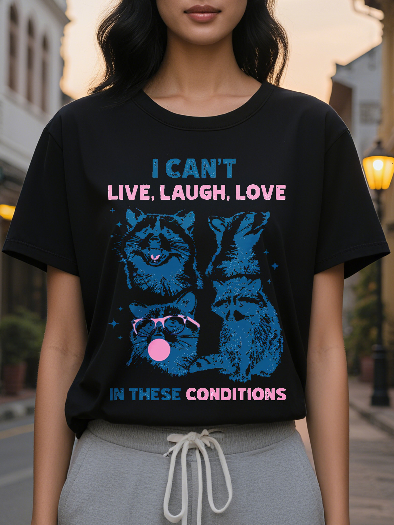 Large XL Funny Cotton Rayon Spandex Blend I Can't Live Laugh Love in These Conditions Print Casual Short Sleeve T-shirt Crew Plus Size