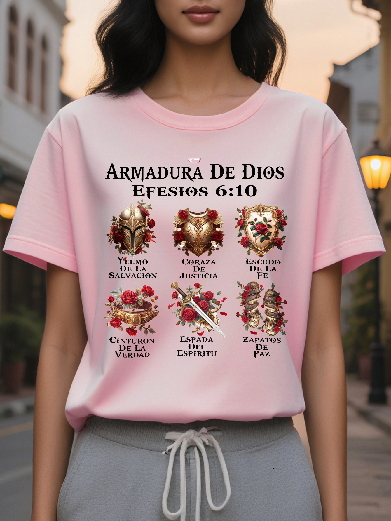 Women s Casual Short Sleeve T Shirt White Religious Spanish Scripture Armor Printed Stretchy Round Neck Top