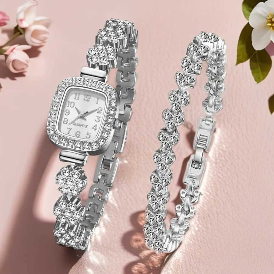 2PCS Silver Wens Watch Set Fashionable Luxury Trendy Digital Sc Rectangar Dial Quartz Watch Bracelet Set Perfect Gift X250904