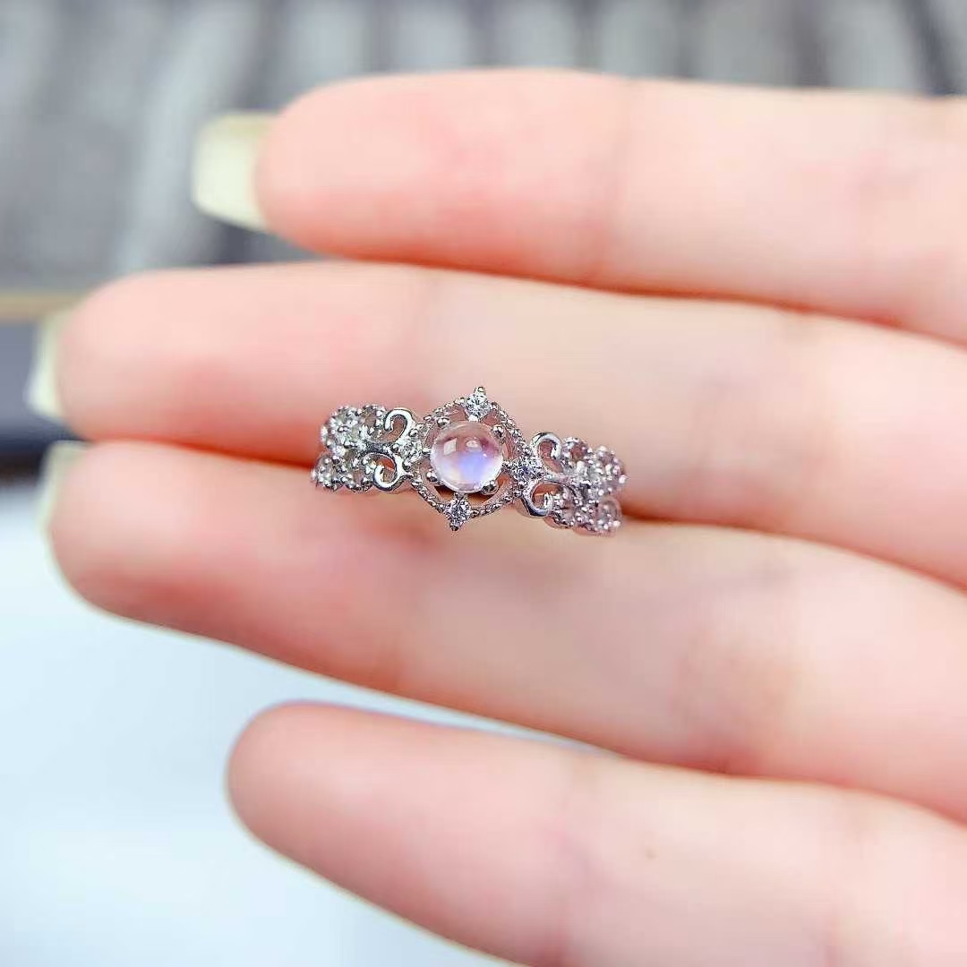 Vintage Design Silver Gemstone Ring Natural Moon Stone Ring 4mm 0.3ct Genuine Moon Stone Jewelry with 18K Gold Plating