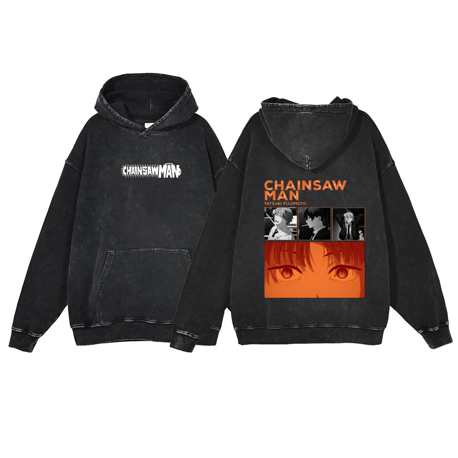 Washed Denim Look Chainsaw Man Cartoon Cotton Sweatshirt with Hood - VT1554