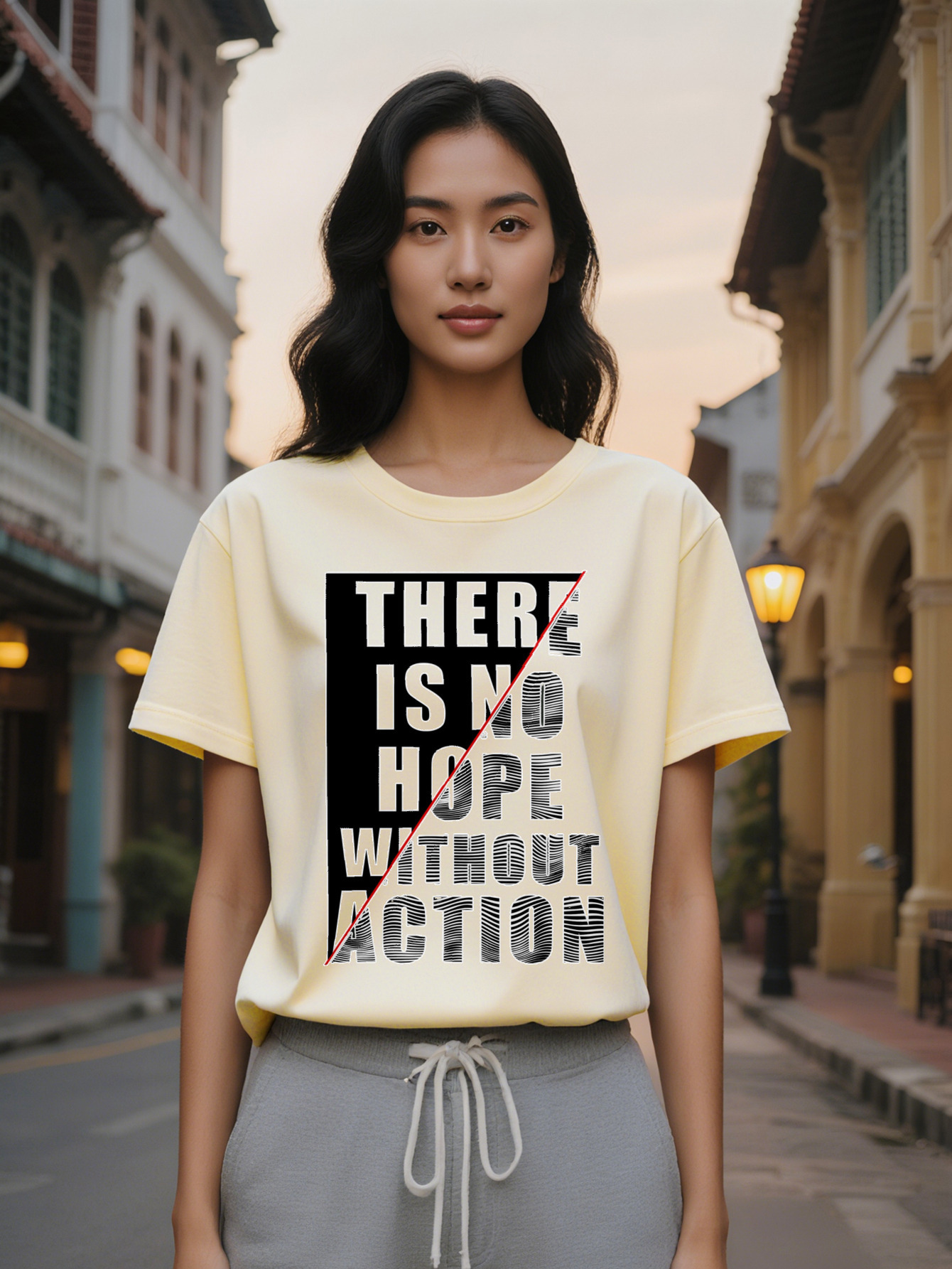 Large XL Casual Graphic T-Shirt with No Hope Without Action Motivational Print Black White Bold Lettering Round Neck Regular Plus Size