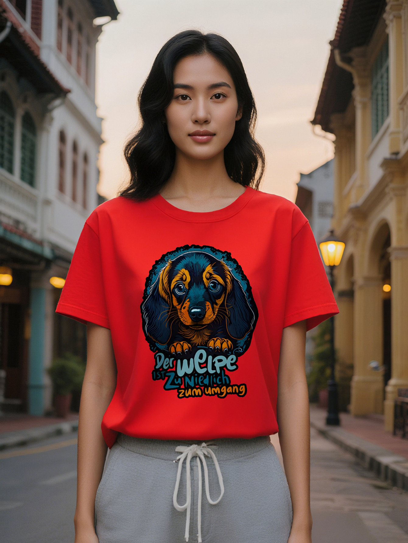 Large XL Graphic T-Shirt with Cartoon Dog Print Black Round Neck Summer Tee Dachshund Design German Text High Washable Plus Size
