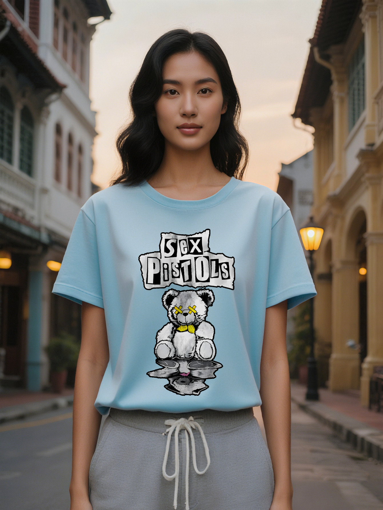 Lady Casual Versatile Round Neck T-Shirt Featuring Teddy Bear with Yellow Bow Print Perfect as a Gift for Women