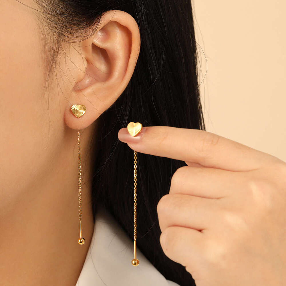 Korean Style Niche Design Simple Laser Surface Heart Ear Thread Fashion Personality High-end Gold Titanium Steel Anti-loss Earrings