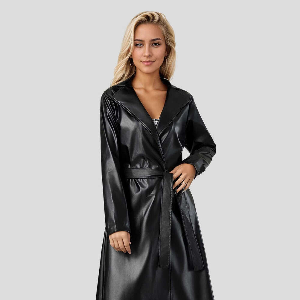 Extra Long Bathrobe Trench Spring Autumn Wrinkle-Resistant Fashion Women's Leather Coat New Style