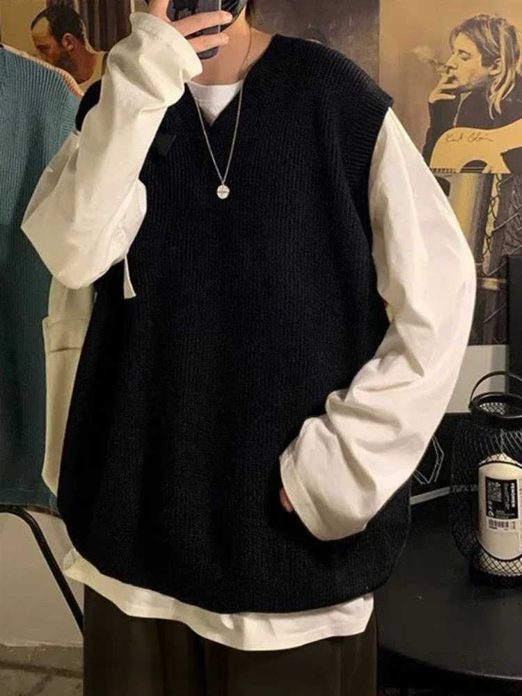 Knit Sweater Male Sleeveless Mens Clothing Plain Solid Color Waistcoat Vest V Neck Blue Plus Size Street Korean Fashion JumpersXJ250904