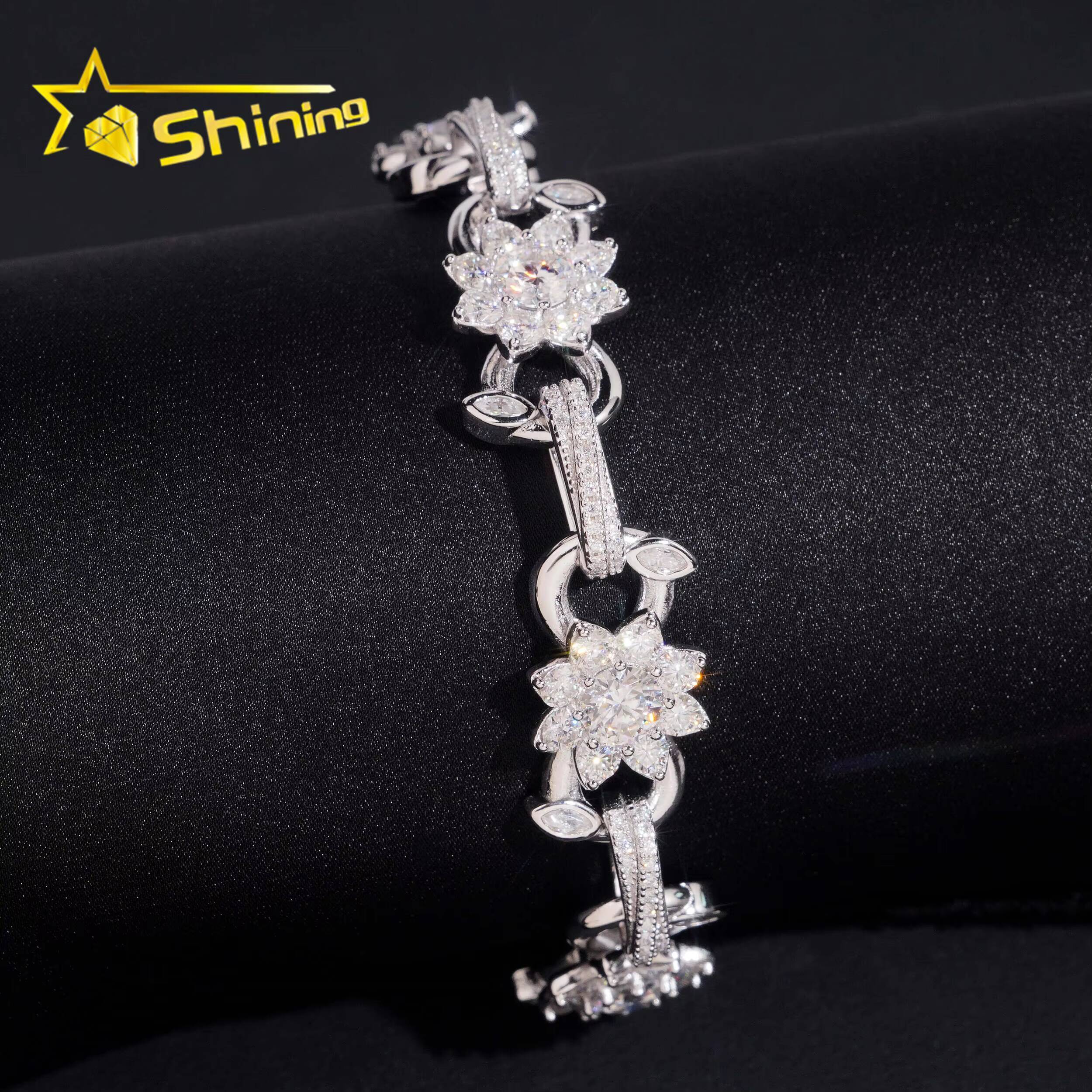 925 Silver Iced Out 13mm Flower Moissanite Cuban Link Bracelet Hip Hop Jewelry Custom High Quality Cuban Bracelet for Men Women