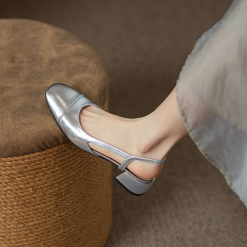 Soft Leather Silver Peep Sandals for Women, Chunky 2025 Summer New Designer Shoe Squ Toe Single Shoes, Mid Heel, Open Back