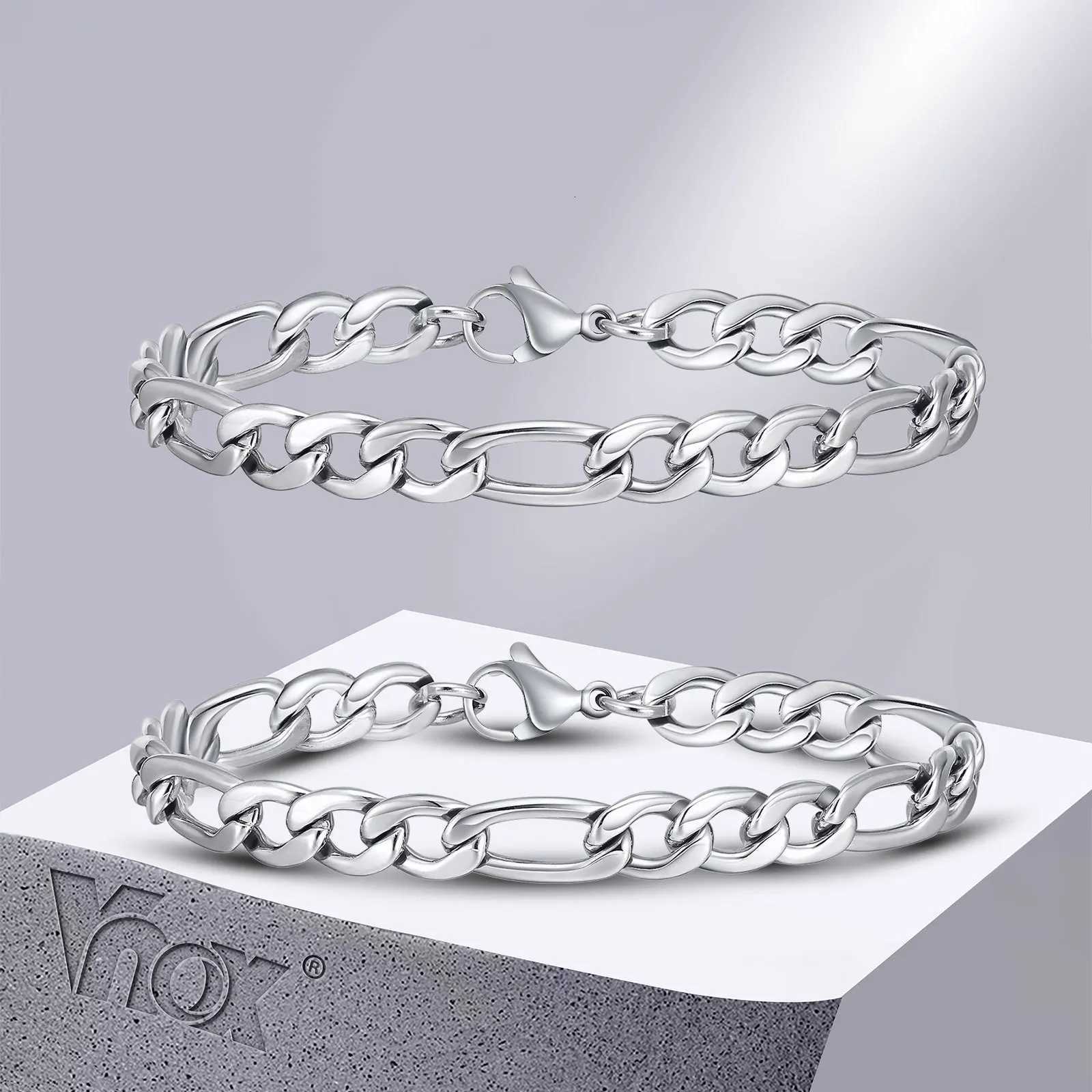 Vnox 7mm9mm Figaro Chain Bracelets for Men Never Fade Silver Color Stainless Steel Cuban Links Wristband Classic Jewelry W250904