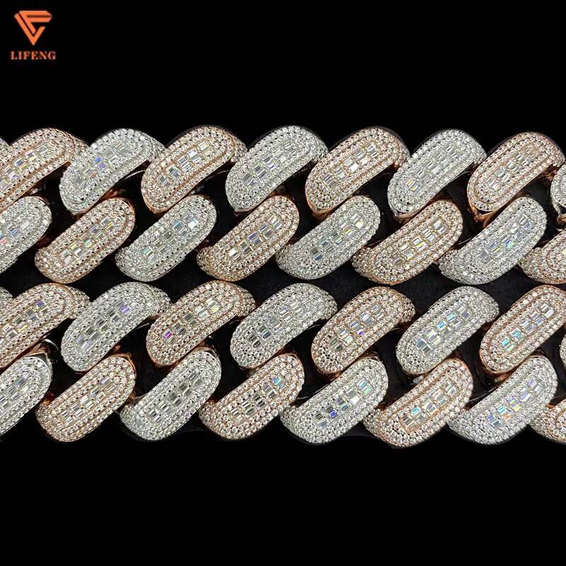 TwoTone Cuban Link Chain 26mm 2row VVS Moissanite Diamond 925 Sterling Silver Cuban Charm Necklace for Men Hip Hop Fine Jewelry