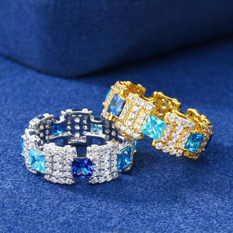Hiphop Dainty Fine Jewelry Princess Cut 925 Sterling Silver Iced Out AAAAA Blue Moissanite Gemstone Rings for Men Women