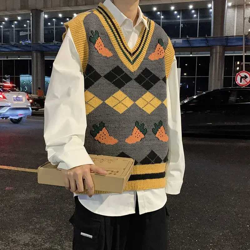 V Neck Sweaters Male Loose Fit Printed Mens Knitted Vest Clothing Deals 2024 Elegant Waistcoat Korean Reviews Clothes Cheap Y2kXJ250904