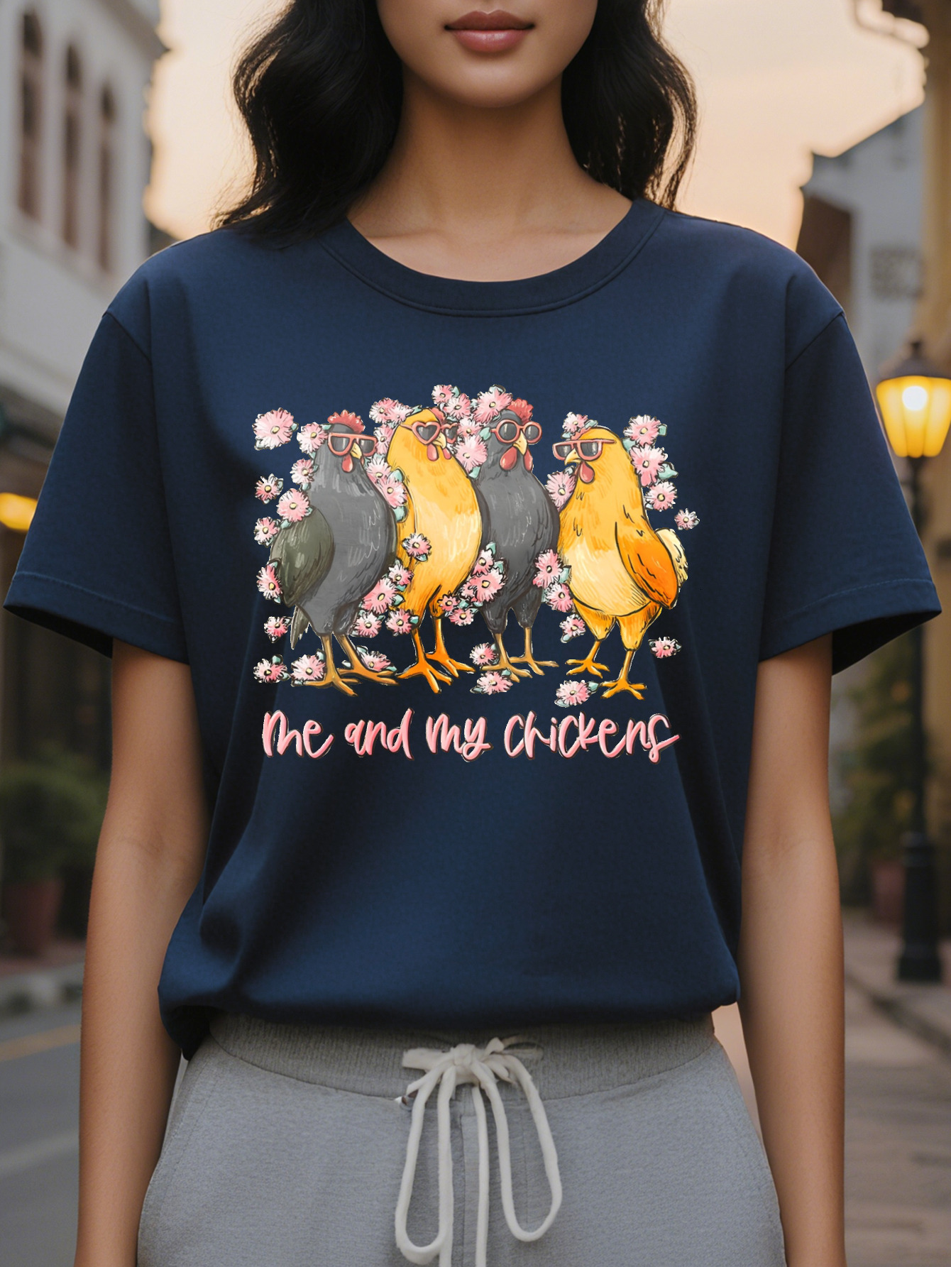 Women S Crew Neck T Shirt with Chick Graphic Print Me and My Chickens Design Short Sleeve Lightweight Cotton
