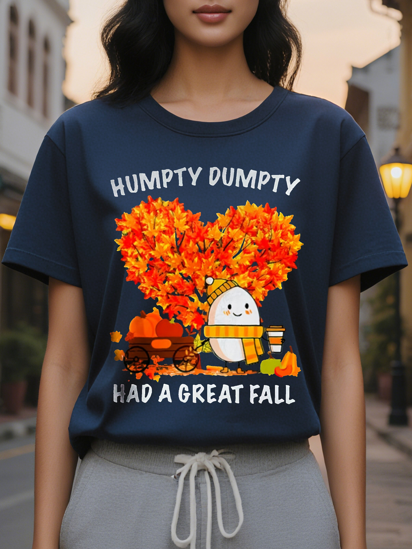 Women's Dark Green Graphic T-Shirt Funny Autumn Saying Tee with Egg Cup Design Casual Everyday Shirt for Halloween