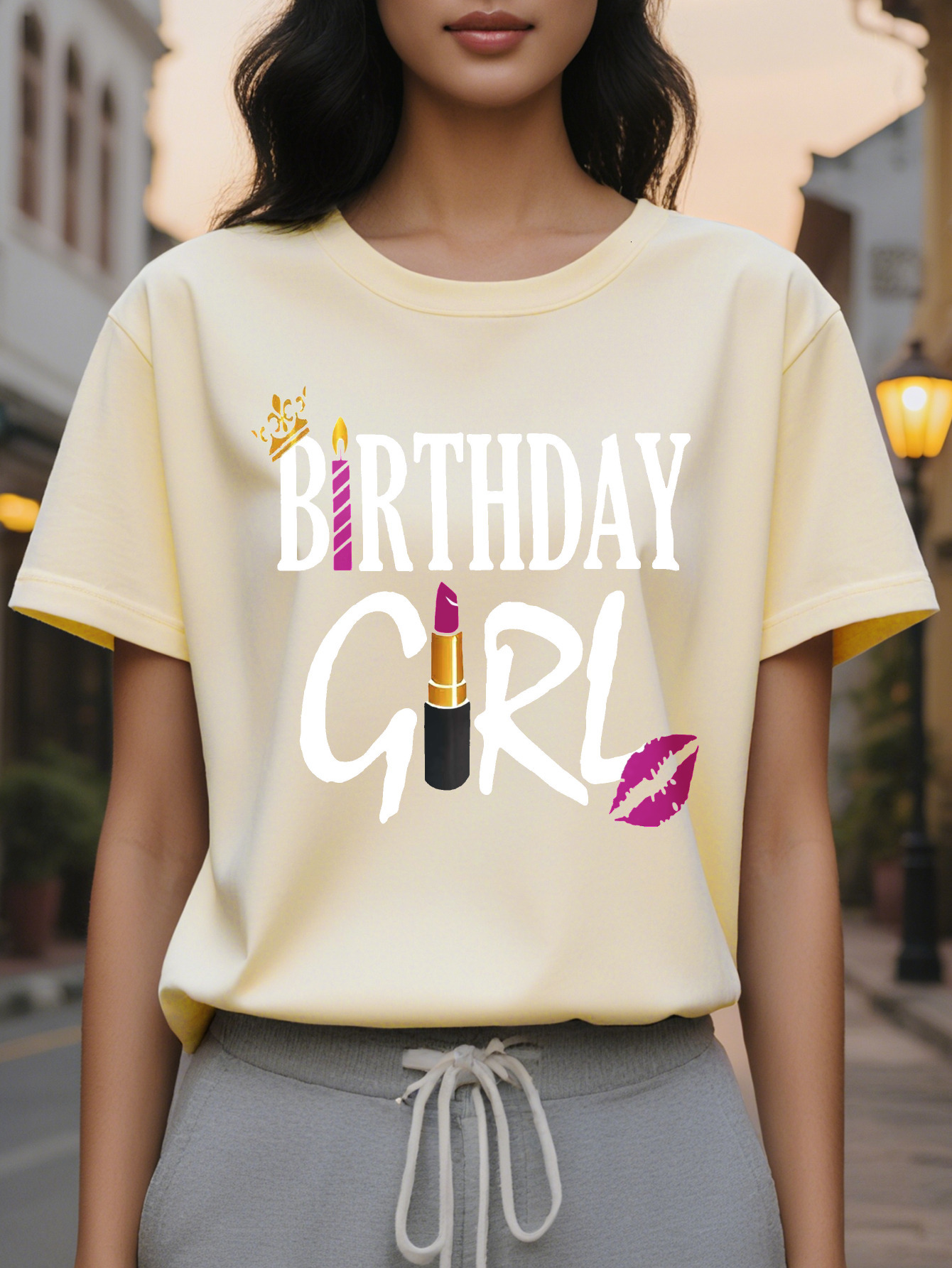 Large XL Birthday Girl Print T-Shirt Casual Short Sleeve Crew Neck Top Stylish All Season Women's Clothing Plus Size