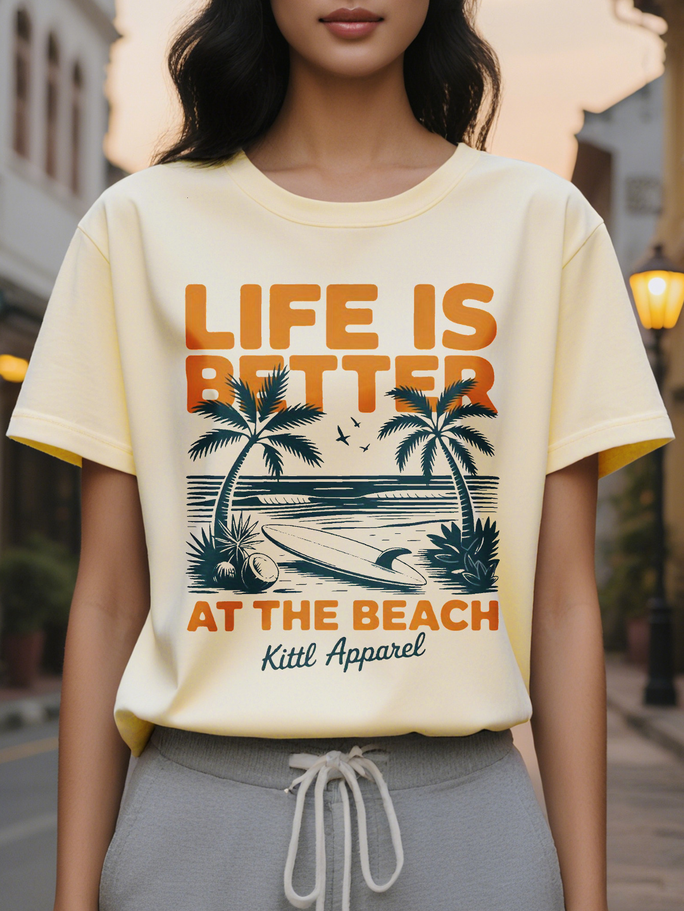 Ladies White T-Shirt Beach Theme Pattern Jacket Printed with Better Life at the Sea Round Neck Soft Summer Casual