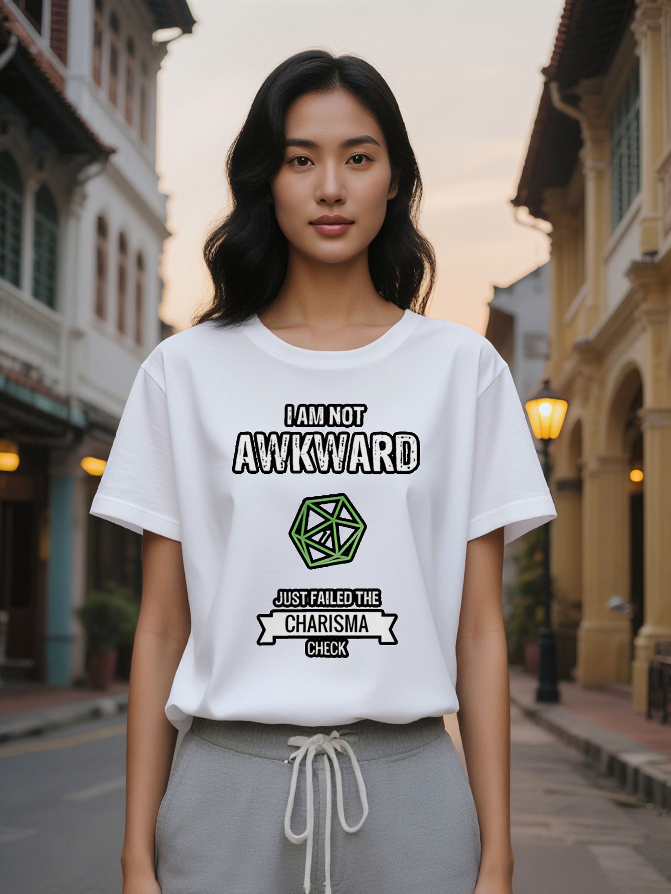 Large XL Graphic T-Shirt I AM NOT AWKWARD Slogan Green Geometric Print Black Round Summer Tee Regular Fit Washable Top Plus Size