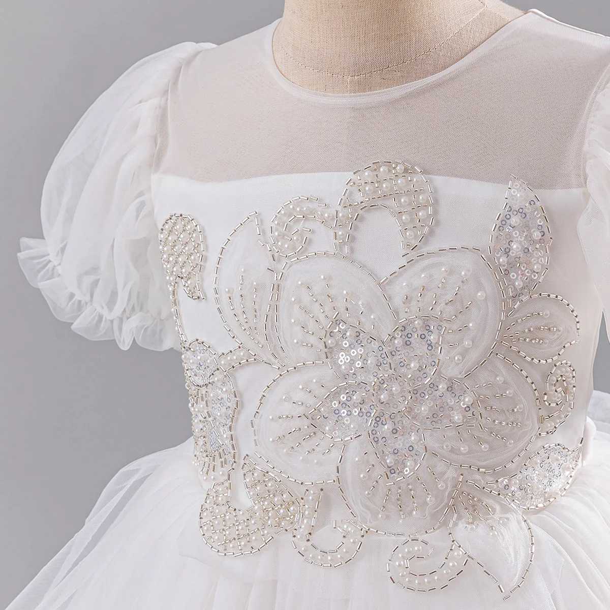 Girls New Pearl Sequin Flower Bubble Sleeve Mesh Long Fluffy Skirt Wedding Flower Girl School Makeup Ball Princess Skirt Z250904