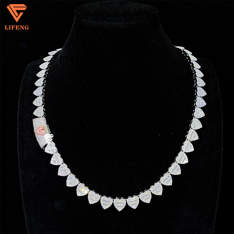 Hip Hop Jewelry High Quality 10mm 925 Sterling Silver VVS Moissanite Diamond Iced Out Buguette Heart Tennis Chain Necklace