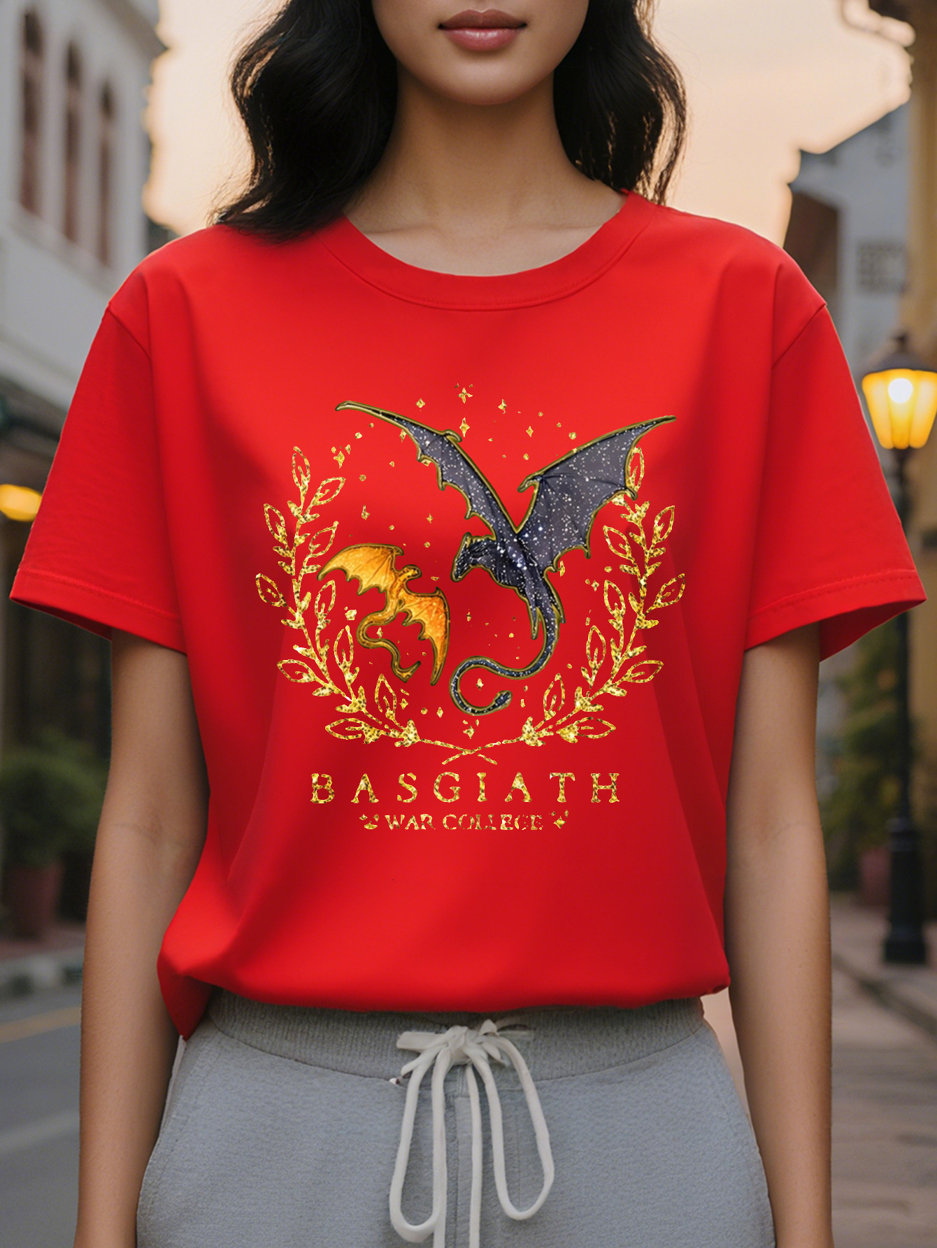 Basjiatt Women's Pattern Printed Short Sleeve T-Shirt Black Dragon Wings Design Spring and Summer Casual Round Neck