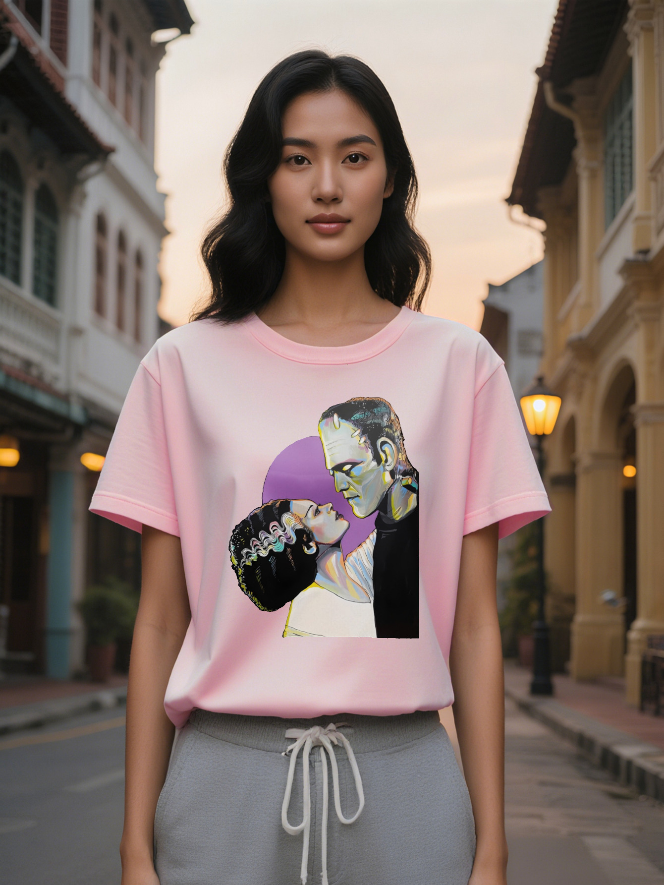 Lady Casual Graphic T-Shirt Frankenstein Bride Monster Print Black Round Neck Summer Tee Washable Pop Culture